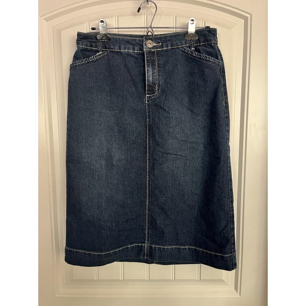 Christopher & Banks Denim Skirt 6 Dark Wash Midi Skirt Blue Jean Stretch 740